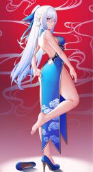 Rule 34 | 1girl, absurdres, adjusting clothes, backless dress, backless outfit, breasts, china dress, chinese clothes, dress, feet, from behind, gradient background, high heels, high ponytail, highres, honkai: star rail, honkai (series), jingliu (honkai: star rail), long hair, looking at viewer, medium breasts, mimuxiao, parted lips, red background, red eyes, shoes, single shoe, solo, standing, standing on one leg, white hair