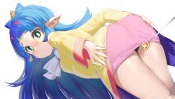 Rule 34 | 1girl, ass, black panties, blue hair, blunt bangs, clothing request, commentary request, demon girl, green eyes, highres, horns, long hair, looking at viewer, looking back, momotarou dentetsu, oni, panties, pantyshot, pointy ears, simple background, single horn, solo, underwear, upskirt, white background, yappen, yashahime (momotarou densetsu)