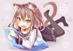 Rule 34 | 1girl, :d, animal ear fluff, animal ears, black pantyhose, black sailor collar, black skirt, blush, brown eyes, brown hair, cat ears, cat girl, cat tail, collarbone, commentary request, fang, fingernails, full body, hair between eyes, hair ornament, hairclip, hand up, highres, hizaka, ikazuchi (kancolle), kantai collection, kemonomimi mode, leg up, long hair, long sleeves, looking at viewer, lying, no shoes, on stomach, open mouth, pantyhose, pillow, pleated skirt, polka dot, sailor collar, school uniform, serafuku, shirt, skirt, smile, soles, solo, star (symbol), tail, tail raised, white shirt