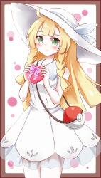 Rule 34 | 1girl, bag, blonde hair, blunt bangs, blush, border, braid, closed mouth, collared dress, commentary request, creatures (company), dress, game freak, gift, green eyes, hachimi, hands up, hat, hat ribbon, highres, holding, holding gift, lillie (pokemon), long hair, looking at viewer, nintendo, poke ball print, pokemon, pokemon sm, ribbon, see-through, shoulder bag, sleeveless, sleeveless dress, solo, sun hat, sundress, twin braids, white dress, white hat