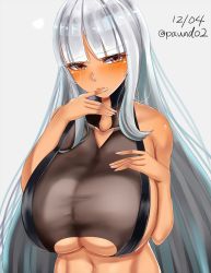 Rule 34 | 1girl, azur lane, bare shoulders, blunt bangs, blush, breasts, cleavage, closed mouth, clothing cutout, collarbone, commentary request, dark-skinned female, dark skin, dated, grey background, hands on own chest, head tilt, heart, huge breasts, long hair, looking at viewer, massachusetts (azur lane), native american, navel, paundo2, red eyes, sidelocks, silver hair, simple background, solo, twitter username, underboob, underboob cutout, very long hair