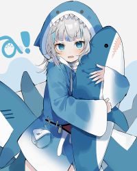 Rule 34 | 1girl, a (phrase), animal hood, blue eyes, blue hair, blue hoodie, blue nails, catchphrase, chiemo (xcem), cowboy shot, fangs, fins, fish tail, gawr gura, gawr gura (1st costume), grey background, holding, holding stuffed toy, hololive, hololive english, hood, hoodie, looking at viewer, medium hair, multicolored hair, nail polish, open mouth, shark hood, shark tail, sharp teeth, silver hair, simple background, solo, streaked hair, stuffed animal, stuffed shark, stuffed toy, tail, teeth, two-tone hair, virtual youtuber, wide sleeves