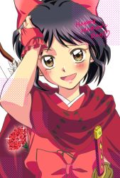 Rule 34 | 1girl, :d, anemone love, black hair, blush, bow, cape, flower, gloves, hair bow, han&#039;you no yashahime, highres, holding, holding flower, inuyasha, japanese clothes, kimono, looking at viewer, moroha (inuyasha), mother&#039;s day, open mouth, red bow, red cape, red gloves, rose, smile, solo, sword, upper body, weapon, yellow eyes