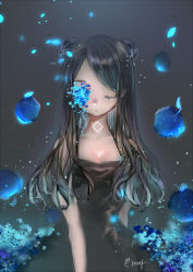 Rule 34 | 1girl, apple, bare arms, bare shoulders, black dress, black hair, blue apple, breasts, cleavage, closed mouth, commentary, double bun, dress, eyelashes, closed eyes, facing viewer, food, fruit, long hair, mirutu, original, signature, solo, symbol-only commentary