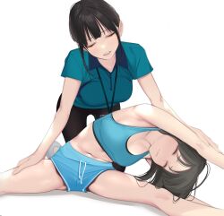 Rule 34 | 2girls, ama mitsuki, armpits, arms up, assisted stretching, behind another, black hair, blue bra, blue shorts, blunt bangs, blush, bra, breasts, closed eyes, closed mouth, dolphin shorts, exercising, flexible, hand on another&#039;s arm, hand on another&#039;s thigh, highres, kneeling, long hair, medium breasts, multiple girls, navel, open mouth, original, shirt, short sleeves, shorts, sitting, smile, split, sports bra, spread legs, stretching, underwear, wide spread legs
