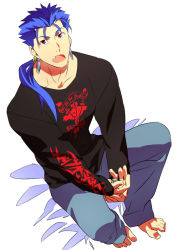 Rule 34 | 1boy, barefoot, blue hair, casual, command spell, cu chulainn (fate), earrings, fate/stay night, fate (series), jewelry, kon manatsu, cu chulainn (fate/stay night), long hair, male focus, ponytail, red eyes, sexy44, solo, sweater