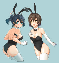 Rule 34 | 10s, 2girls, alternate costume, animal ears, armband, ass, back, bare arms, bare back, bare shoulders, black bow, black hair, black leotard, blue background, blue eyes, blue hair, bow, bowtie, breasts, brown eyes, brown hair, rabbit ears, cleavage, clenched hand, cropped legs, detached collar, elbow gloves, fake animal ears, female focus, frilled armband, frills, gloves, groin, hand on own chest, highres, hiryuu (kancolle), kanabun, kantai collection, large breasts, legs, leotard, looking at viewer, looking back, multiple girls, neck, one side up, open mouth, parted lips, playboy bunny, round teeth, short hair, shy, side ponytail, sideboob, simple background, souryuu (kancolle), strapless, strapless leotard, teeth, thighhighs, twintails, white gloves, white legwear, yellow eyes