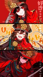 Rule 34 | 1girl, black background, cape, closed eyes, embers, fate/grand order, fate (series), gloves, hat, highres, katana, laughing, long hair, oda nobunaga (fate), oda nobunaga (koha-ace), oda uri, orange background, red background, red eyes, smile, sword, twitter username, uniform, weapon, white gloves, yui (tamagohan)