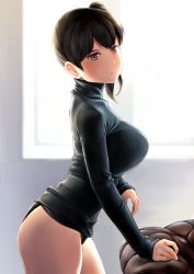 Rule 34 | 1girl, alternate costume, ass, black sweater, blush, breasts, brown eyes, brown hair, closed mouth, commentary request, couch, cowboy shot, highres, indoors, kaga (kancolle), kantai collection, large breasts, long sleeves, looking at viewer, no pants, paid reward available, panties, side ponytail, solo, sunlight, sweater, thighs, turtleneck, underwear, wa (genryusui), window