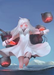 Rule 34 | 10s, 1girl, abyssal ship, ahoge, blue sky, covered mouth, dress, flat chest, glowing, glowing eyes, horns, kantai collection, long hair, looking at viewer, mittens, mountain, northern ocean princess, outstretched arms, red eyes, silver hair, sky, soaking feet, solo, thigh strap, wading, water, wen90092, white dress