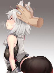 Rule 34 | 1girl, animal ears, ass, asutora, bare shoulders, bent over, black skirt, blouse, blush, breasts, commentary request, disembodied hand, ear insertion, from side, grey background, hat, highres, inubashiri momiji, large breasts, pom pom (clothes), profile, red eyes, shirt, short hair, simple background, skirt, sleeveless, sleeveless shirt, solo focus, tokin hat, touhou, uncommon stimulation, white hair, wolf ears