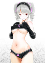 Rule 34 | 10s, 1girl, bandeau, bare shoulders, bra, breasts, cameltoe, covered erect nipples, drill hair, elbow gloves, frilled panties, frills, gloves, hairband, hissatsukun, idolmaster, idolmaster cinderella girls, kanzaki ranko, lolita hairband, looking at viewer, narrow waist, navel, panties, print gloves, red eyes, silver hair, skindentation, solo, twin drills, twintails, underboob, underwear, underwear only