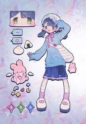 Rule 34 | 1girl, :d, arm up, asymmetrical bangs, badge, bag, blue flower, blue hair, blue skirt, blue sweater, blush stickers, button badge, character sheet, crescent, doughnut, dumpling, film grain, flower, food, full body, glitch, hair ornament, hair rings, hairclip, handbag, headwear request, heart, heart background, heart print, hidari (nanmu-left), highres, leggings, blue background, long hair, looking at viewer, looking to the side, mary janes, neck ribbon, onigiri, open hands, open mouth, original, outstretched arm, pink ribbon, pink socks, platform footwear, rabbit, rainbow, ribbon, salute, shoes, short eyebrows, sideways glance, skirt, sleeves past wrists, smile, socks, solo, sparkling eyes, speech bubble, standing, star (symbol), star print, sweater, tareme, teeth, thick outlines, twitter username, upper teeth only, watermark, white bag, white footwear, white headwear, white leggings
