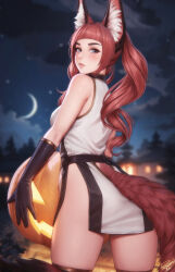 Rule 34 | 1girl, animal ear fluff, animal ears, artist name, bare shoulders, black gloves, black thighhighs, blunt bangs, blurry, blurry background, borrowed character, breasts, clothing cutout, cloud, commentary, cowboy shot, crescent moon, dress, english commentary, fox ears, fox girl, fox tail, from behind, gloves, grey eyes, highres, jack-o&#039;-lantern, light blush, long hair, looking at viewer, looking back, medium breasts, mole, mole under eye, moon, night, night sky, original, outdoors, parted lips, personal ami, pumpkin, red hair, sky, sleeveless, sleeveless dress, solo, star (sky), tail, tail through clothes, thighhighs, twintails