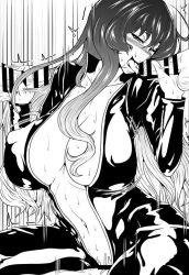 Rule 34 | 1girl, 3boys, bar censor, biker clothes, bikesuit, blush, bodysuit, bouncing breasts, breasts, censored, center opening, collarbone, covered erect nipples, cowgirl position, double handjob, gradient hair, greyscale, group sex, handjob, hanzawa821, hijiri byakuren, large breasts, licking, long hair, long sleeves, monochrome, motion lines, multicolored hair, multiple boys, multiple penises, navel, nose blush, penis, sex, sidelocks, solo focus, straddling, sweat, tongue, tongue out, touhou, turbo byakuren, two-tone hair