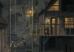 Rule 34 | absurdres, air conditioner, ame246, building, commentary request, door, fantasy, fence, flower pot, grass, highres, lantern, light, mailbox (incoming mail), monster, no humans, original, plant, scenery, shop, stairs, window