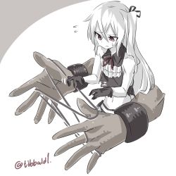 Rule 34 | 10s, 1girl, abyssal ship, bad id, bad twitter id, bare shoulders, black gloves, black ribbon, brown eyes, cat&#039;s cradle, collarbone, colored skin, destroyer water oni, ebifurya, eyebrows, female focus, flying sweatdrops, gloves, hair between eyes, hair ribbon, highres, inactive account, kantai collection, long hair, midriff, multicolored background, navel, ribbon, sleeveless, solo, stomach, teeth, twitter username, two-tone background, white background, white hair, white skin