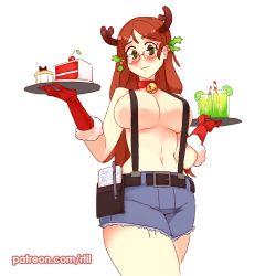Rule 34 | 1girl, alternate costume, antlers, bell, belt, blush, breasts, brown hair, cake, cake slice, choker, commentary, cowboy shot, cutoffs, drinking straw, english commentary, fake antlers, food, freckles, fur-trimmed gloves, fur trim, glasses, gloves, green eyes, hair ornament, holding, holding tray, holly hair ornament, horns, jingle bell, katawa shoujo, large breasts, long hair, looking at viewer, neck bell, patreon username, pen, red choker, red gloves, rtil, shirakawa yuuko, shorts, simple background, solo, suspender shorts, suspenders, topless, tray, wavy mouth, white background