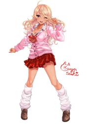 Rule 34 | 1girl, amaryllis gumi, bad id, bad twitter id, blonde hair, blush, bow, bowtie, breasts, brown footwear, cardigan, character signature, cleavage, collarbone, commentary, dark-skinned female, dark skin, fang, full body, gyaru, hair between eyes, hair ornament, hairclip, highres, kogal, loafers, long hair, long sleeves, looking at viewer, loose neckwear, loose socks, miniskirt, nail polish, official art, one eye closed, open clothes, open mouth, ouga saki, plaid, plaid skirt, red nails, school uniform, shashaki, shoes, simple background, skirt, smile, socks, solo, standing, studs, tachi-e, thighs, virtual youtuber, white background, white legwear