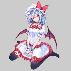 Rule 34 | 1girl, absurdres, bat wings, black footwear, black thighhighs, blue hair, blush, boots, bow, bowtie, breasts, bridal garter, choker, commentary, dress, frilled choker, frilled shirt collar, frills, grey background, hair between eyes, hat, hat bow, head tilt, highres, junior27016, looking at viewer, medium breasts, mob cap, pointy ears, puffy short sleeves, puffy sleeves, red bow, red bowtie, red eyes, remilia scarlet, short sleeves, simple background, sitting, smile, solo, thigh boots, thighhighs, touhou, wariza, white dress, white hat, wings, wrist cuffs