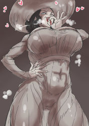 Rule 34 | 1girl, abs, absurdres, alcina dimitrescu, black hair, breasts, breath, capcom, covered navel, cowboy shot, dress, fellatio gesture, gradient background, grey background, grey dress, grey eyes, hand on own hip, hat, heart, heavy breathing, highres, large breasts, lipstick, makeup, red lips, resident evil, resident evil village, simple background, sk01042339, standing, sweat, tongue, tongue out