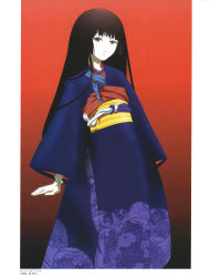 Rule 34 | 1girl, absurdres, artbook, black hair, enma ai, expressionless, floral print, gradient background, highres, hime cut, japanese clothes, jigoku shoujo, kimono, long hair, long sleeves, looking at viewer, obi, oka mariko, pale skin, red background, red eyes, sash, scan, solo, straw doll, wide sleeves