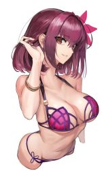 Rule 34 | 1girl, adjusting hair, alternate hair length, alternate hairstyle, bikini, bracelet, breasts, butt crack, collarbone, fate/grand order, fate (series), flower, grin, hair flower, hair intakes, hair ornament, jewelry, large breasts, looking at viewer, mins (minevi), navel, purple bikini, purple hair, red eyes, scathach (fate), scathach (fate/grand order), scathach (swimsuit assassin) (fate), short hair, simple background, smile, solo, swimsuit, unfinished, upper body, white background