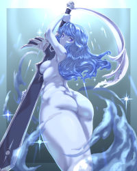 Rule 34 | 1girl, armpits, ass, blue hair, blue skin, breasts, castlevania (series), colored skin, from below, highres, holding, holding sword, holding weapon, huge weapon, kous (onetwojustice), long hair, looking at viewer, looking back, medium breasts, nude, purple eyes, sideboob, solo, sword, valkyrie (castlevania), weapon