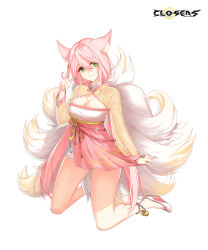 Rule 34 | 1girl, alternate hair color, animal ear fluff, animal ears, ankle bell, breasts, cleavage, cleavage cutout, closed mouth, closers, clothing cutout, copyright name, dress, dress tug, fingernails, fox ears, fox girl, fox tail, full body, green eyes, hand up, high heels, highres, kitsune, kneeling, kyuubi, large breasts, layered dress, logo, long fingernails, long hair, long sleeves, looking at viewer, low twintails, multiple tails, official art, pink dress, pink hair, salute, see-through, see-through sleeves, smile, solo, soma (closers), tachi-e, tail, twintails, two-finger salute, two-tone dress, wedge heels, white background, white footwear, yellow dress, yellow sleeves, yellow tail