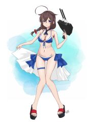 Rule 34 | 1girl, adapted turret, bikini, blue bikini, blue eyes, braid, breasts, cannon, flip-flops, front-tie bikini top, front-tie top, hair between eyes, hair flaps, hair over shoulder, highres, kantai collection, long hair, looking at viewer, medium breasts, neve (morris-minicooper), official alternate costume, rigging, sandals, shigure (kancolle), shigure kai san (kancolle), shigure kai san (swimsuit) (kancolle), single braid, solo, swimsuit, thigh strap