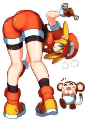 Rule 34 | 1girl, absurdres, ass, bike shorts, bike shorts under shorts, blonde hair, blush, brown gloves, cabbie hat, commentary request, cropped jacket, data (mega man), full body, gloves, green eyes, hat, highres, holding, holding wrench, jacket, kotatuman dash, long hair, looking at viewer, mega man (series), mega man legends (series), monkey, open mouth, red headwear, red jacket, red shorts, roll caskett (mega man), short sleeves, shorts, white background, wrench