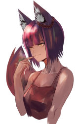 Rule 34 | 1girl, animal ears, bare arms, blunt bangs, breasts, cleavage, collarbone, cropped torso, dark-skinned female, dark skin, fox ears, fox girl, fox tail, original, red hair, red shirt, shirt, short hair, simple background, sleeveless, sleeveless shirt, small breasts, solo, straight hair, sushi (sashimise), tail, upper body, white background, yellow eyes