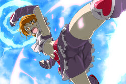 Rule 34 | arm up, bike shorts, bike shorts under skirt, blue background, bow, brooch, brown eyes, brown hair, clenched hand, commentary request, crotch, cure black, earrings, explosion, fingerless gloves, fujimoto satoru, futari wa precure, gloves, gluteal fold, heart, heart brooch, highres, jewelry, magical girl, midriff, navel, open mouth, precure, short hair, shorts, skin tight, spread legs, teeth, thighs, upper teeth only, v-shaped eyebrows