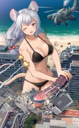 Rule 34 | aircraft, animal ears, beach, bikini, boat, breasts, city, destruction, explosion, giant, giantess, large breasts, mouse ears, mouse girl, mouse tail, one eye closed, swimsuit, tail, water, watercraft, welt (kinsei koutenkyoku)