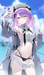 Rule 34 | 1girl, absurdres, arm up, bikini, bikini bottom only, black bikini, black hat, blouse, blush, bow, cellphone, collared shirt, crop top, demon tail, earrings, fake horns, green eyes, grey jacket, hair between eyes, hair bun, hat, highres, holding, holding phone, hololive, horned headwear, horns, jacket, jewelry, kabedoru, long hair, long sleeves, looking at viewer, multicolored hair, open clothes, open jacket, parted lips, phone, pink hair, pom pom (clothes), purple hair, sarong, selfie, shirt, single hair bun, sleeveless, sleeveless shirt, sleeves past wrists, smartphone, solo, swimsuit, tail, tokoyami towa, tokoyami towa (jirai kei), two-tone hair, very long hair, virtual youtuber, white bow, white shirt