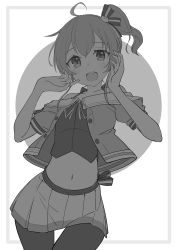 Rule 34 | 1girl, :d, absurdres, ahoge, bad id, bad twitter id, bare shoulders, blush, camisole, cat hair ornament, collarbone, crop top, grey background, greyscale, hair between eyes, hair ornament, hands up, highres, hololive, jacket, looking at viewer, midriff, monochrome, natsuiro matsuri, natsuiro matsuri (1st costume), navel, off-shoulder jacket, off shoulder, okota mikan, open clothes, open jacket, open mouth, pantyhose, pleated skirt, puffy short sleeves, puffy sleeves, short sleeves, side ponytail, skirt, smile, solo, teeth, thigh gap, two-tone background, upper teeth only, virtual youtuber, white background