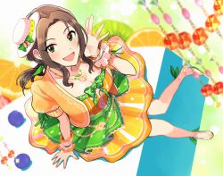 Rule 34 | 1girl, ankle ribbon, blueberry, blurry, blurry background, blurry foreground, breasts, brown hair, collarbone, dress, food, fruit, green eyes, green ribbon, hand up, hat, high heels, hiziki723, idolmaster, idolmaster cinderella girls, idolmaster cinderella girls starlight stage, jacket, jewelry, kiwi (fruit), leg ribbon, long hair, looking at viewer, medium breasts, necklace, open clothes, open jacket, open mouth, orange (fruit), orange dress, orange jacket, polka dot, ribbon, scrunchie, sitting, sitting on object, smile, solo, soma natsumi, strawberry