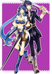 Rule 34 | 00s, 1boy, 1girl, black hair, blue eyes, blue hair, boots, bracelet, breasts, cleavage, dagger, gloves, jewelry, judith (tales), knife, long hair, midriff, navel, pants, pointy ears, polearm, ponytail, purple background, purple eyes, skirt, spear, sword, tales of (series), tales of vesperia, tongue, tongue out, weapon, yuri lowell