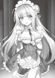 Rule 34 | 1girl, azur lane, blush, breasts, cleavage, cygnet (azur lane), garter straps, greyscale, highres, large breasts, looking at viewer, maid, maid headdress, monochrome, novel illustration, official art, parted lips, raiou, solo, thighhighs, wrist cuffs