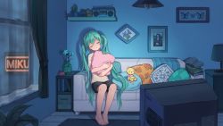 Rule 34 | 1girl, aqua hair, ashika (yftcc948), barefoot, black shorts, blouse, blue butterfly, book, bookshelf, bug, butterfly, cactus, cat, character name, commentary, couch, cushion, fine art parody, flower, framed insect, hatsune miku, highres, indoors, insect, long hair, mona lisa, neon lights, night, hugging object, open book, painting (object), parody, plant, potted plant, radio, room, shelf, shirt, shorts, sleeping, sleeping upright, solo, stuffed animal, stuffed toy, teddy bear, television, twintails, very long hair, vocaloid, white shirt, window, wooden floor