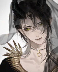 Rule 34 | 1boy, black hair, choker, closed mouth, eyeshadow, facial mark, forehead mark, green eyes, hair between eyes, head tilt, highres, jewelry, lips, long hair, looking at viewer, makeup, male focus, malleus draconia, messy hair, oguraazuki186, pendant, pointy ears, portrait, see-through, simple background, slit pupils, smile, solo, spikes, twisted wonderland, veil, white background