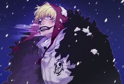 Rule 34 | 1boy, blonde hair, cape, cigarette, coat, coat on shoulders, donquixote rocinante, feather coat, frog of hell, fur cape, fur coat, hat, highres, hood, makeup, male focus, one piece, red eyes, smoking, snow, snowing, solo, winter