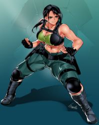 Rule 34 | 1girl, abs, black gloves, black hair, boots, bowalia, breasts, cleavage, clenched hand, commentary request, dog tags, fingerless gloves, full body, gloves, green eyes, gun, idolmaster, idolmaster cinderella girls, knee pads, large breasts, looking to the side, midriff, muscular, muscular female, navel, ponytail, smile, solo, sports bra, weapon, yamato aki