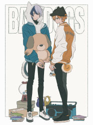 Rule 34 | 2boys, alternate costume, animal ears, animal charm, aoyagi touya, baseball cap, black footwear, black pants, blonde hair, blue hair, box, cd case, commentary, dog tail, earrings, fake animal ears, full body, green eyes, grey eyes, hat, headphones, highres, holding, holding stuffed toy, hood, hood up, hoodie, jacket, jacket over hoodie, jewelry, llli illli illl, long sleeves, looking at viewer, looking to the side, male focus, multicolored hair, multiple boys, open clothes, open jacket, orange hair, pants, project sekai, radio, shinonome akito, shoelaces, short hair, sideways glance, split-color hair, standing, stuffed animal, stuffed dog, stuffed toy, symbol-only commentary, tail, two-tone hair, white background, white hoodie
