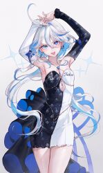 Rule 34 | 1girl, :d, absurdres, alternate costume, armpits, arms up, asymmetrical sleeves, bare shoulders, blue eyes, blue hair, blush, breasts, cowboy shot, detached sleeves, dress, furina (genshin impact), genshin impact, hair between eyes, highres, jewelry, long hair, looking at viewer, mismatched pupils, mismatched sleeves, multicolored hair, open mouth, qiandaiyiyu, small breasts, smile, solo, streaked hair, thighs, two-tone dress, two-tone hair, white hair