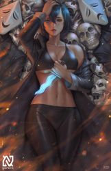 Rule 34 | 1girl, 2others, absurdres, alexandra trese, bikini, bikini top only, black eyes, black hair, breasts, coat, collarbone, hair between eyes, hand on own head, highres, holding, holding knife, knife, large breasts, lips, long coat, looking at viewer, mask, multiple others, navel, nopeys, open clothes, open coat, pants, parted lips, short hair, skull, solo focus, swimsuit, tight clothes, tight pants, trese