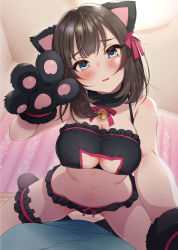 Rule 34 | 1boy, 1girl, absurdres, animal ears, animal hands, backlighting, bell, black bra, black panties, blue eyes, blush, bra, breasts, bridal garter, brown hair, cat cutout, cat ears, cleavage, cleavage cutout, clothing cutout, girl on top, gloves, head tilt, highres, indoors, jingle bell, large breasts, long hair, meme attire, navel, non-web source, original, panties, parted lips, paw gloves, paw pose, pov, solo focus, stomach, straddling, thighs, tsukana (saba mizore), underwear, underwear only