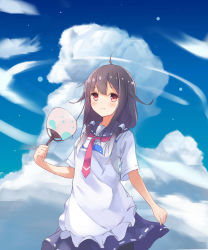 Rule 34 | 10s, 1girl, adapted costume, ahoge, apron, bad id, bad pixiv id, blue sky, cloud, day, hand fan, frilled apron, frills, hachita (odangoya), highres, jewelry, kantai collection, long hair, looking at viewer, necklace, necktie, pantyhose, paper fan, pleated skirt, purple hair, purple skirt, red eyes, revision, sailor collar, short sleeves, skirt, skirt hold, sky, solo, taigei (kancolle), uchiwa