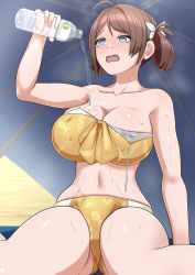 Rule 34 | 1girl, ahoge, bare arms, bare legs, bare shoulders, bikini, blue eyes, blush, bottle, breasts, brown hair, chougei (kancolle), cleavage, collarbone, highres, holding, holding bottle, kantai collection, large breasts, navel, nikku (nzaf5832), open mouth, orange bikini, short hair, solo, swimsuit, water, water bottle