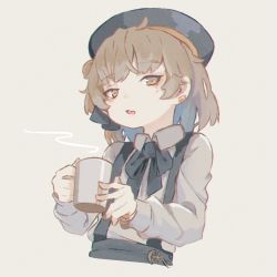 Rule 34 | 1girl, beret, black bow, black hat, black skirt, blush, bow, brown eyes, brown hair, collared shirt, commentary request, cropped torso, cup, ear piercing, fang, hat, hatoba tsugu, highres, holding, holding cup, kuro kosyou, long sleeves, looking at viewer, mug, parted lips, piercing, shirt, skirt, solo, steam, suspender skirt, suspenders, tsugu (vtuber), upper body, virtual youtuber, white shirt